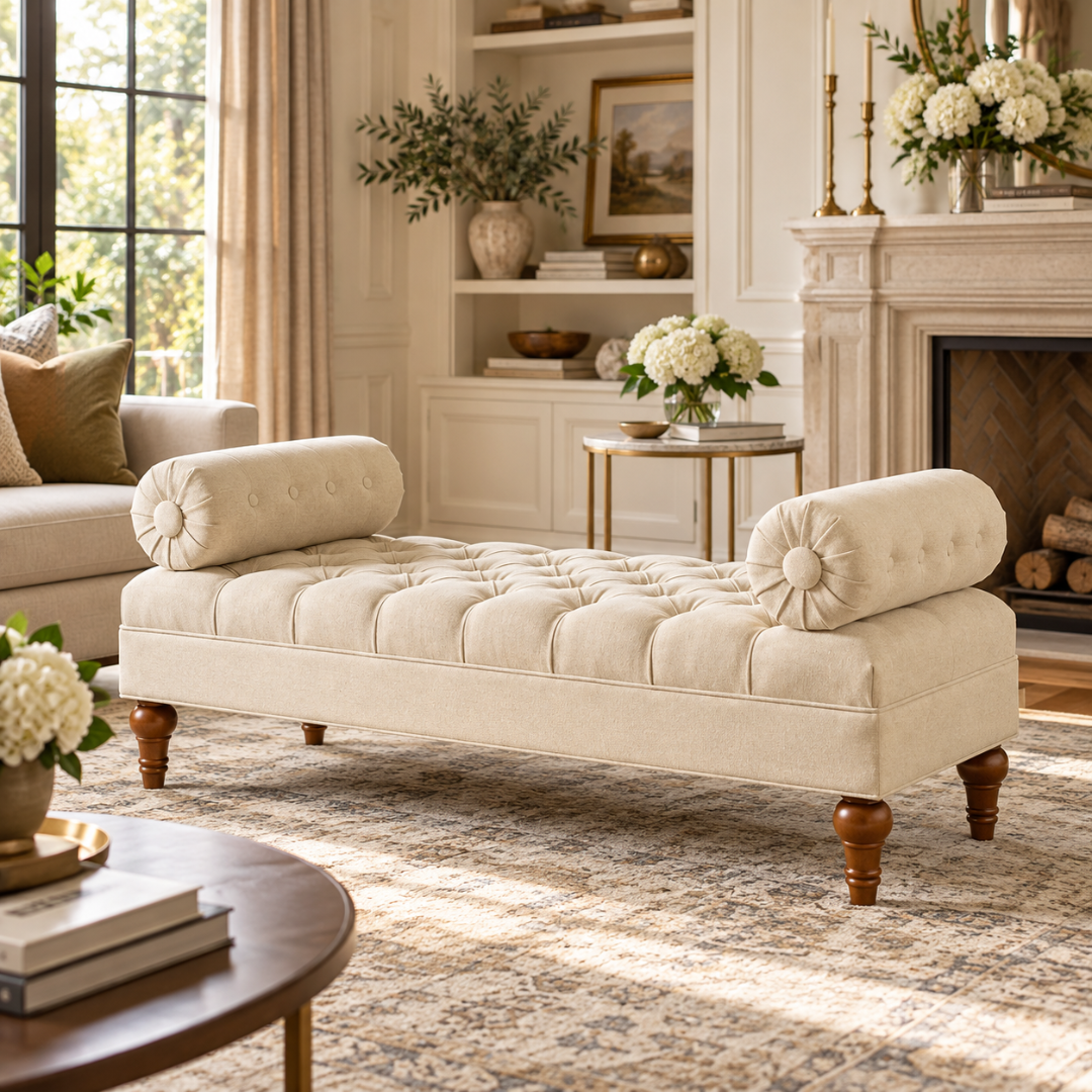 Wooden Twist Lewis Tufted Diwan Bench with Bolsters Beige – Angled View in Living Room
