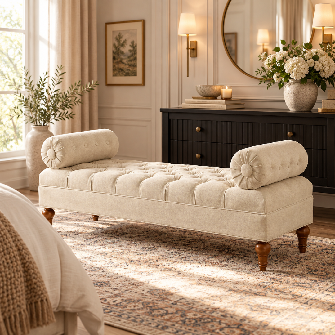 Wooden Twist Lewis Tufted Diwan Bench with Bolsters Beige – Living Room Setting