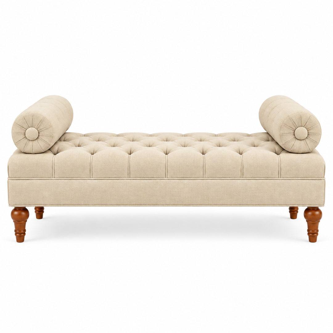Wooden Twist Lewis Tufted Diwan Bench with Bolsters Beige – Front View