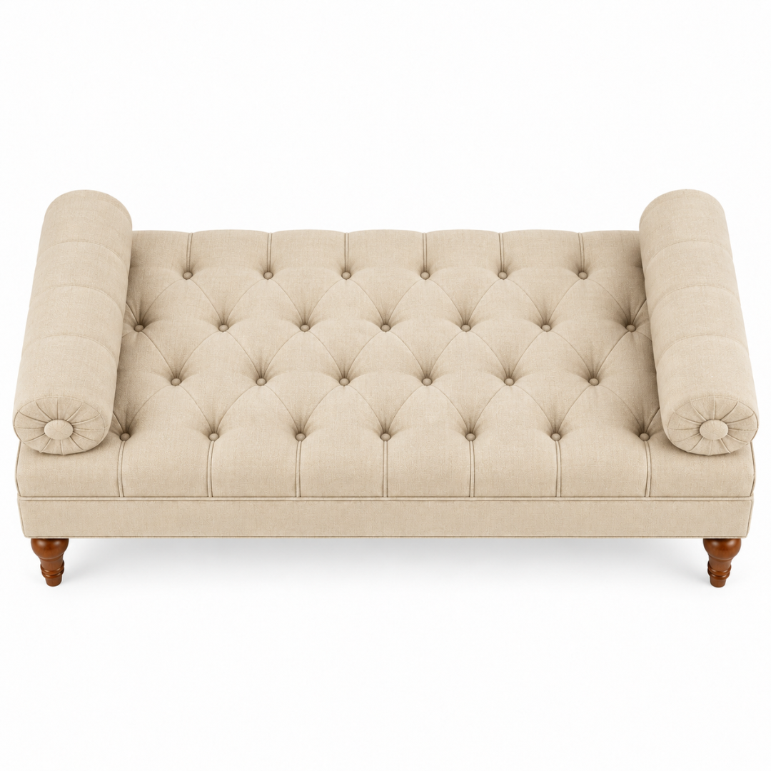 Wooden Twist Lewis Tufted Diwan Bench with Bolsters Beige – Top View of Button-Tufted Seat