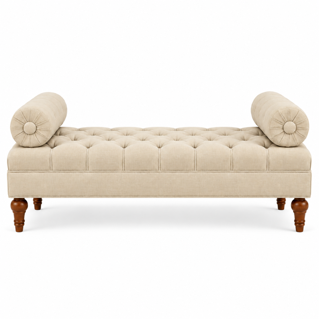 Wooden Twist Lewis Tufted Diwan Bench with Bolsters Beige – Angle View