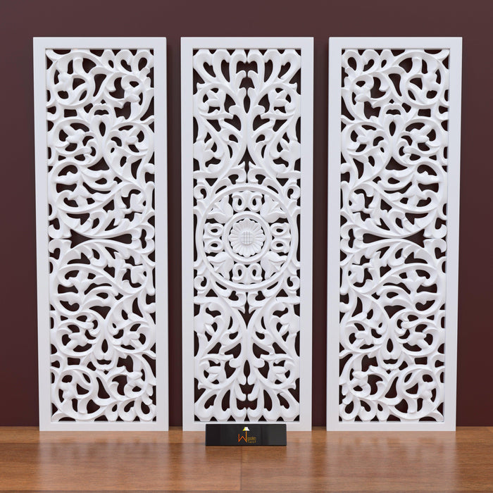 Premium Wooden Decoration Hand Carved 3 Wall Panel (MDF Wood, White)