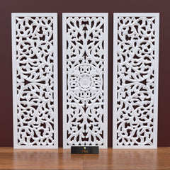 Premium Wooden Decoration Hand Carved 3 Wall Panel (MDF Wood, White) - Wooden Twist UAE