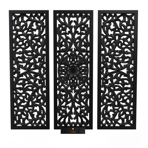 Premium Wooden Decoration Hand Carved 3 Wall Panel (MDF Wood, Black) - Wooden Twist UAE