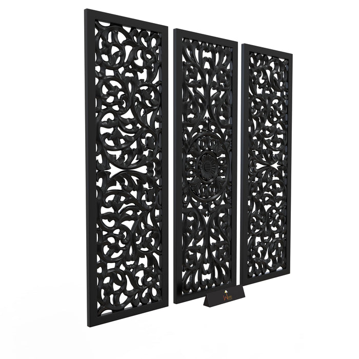 Premium Wooden Decoration Hand Carved 3 Wall Panel (MDF Wood, Black)