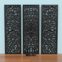 Premium Wooden Decoration Hand Carved 3 Wall Panel (MDF Wood, Black) - Wooden Twist UAE