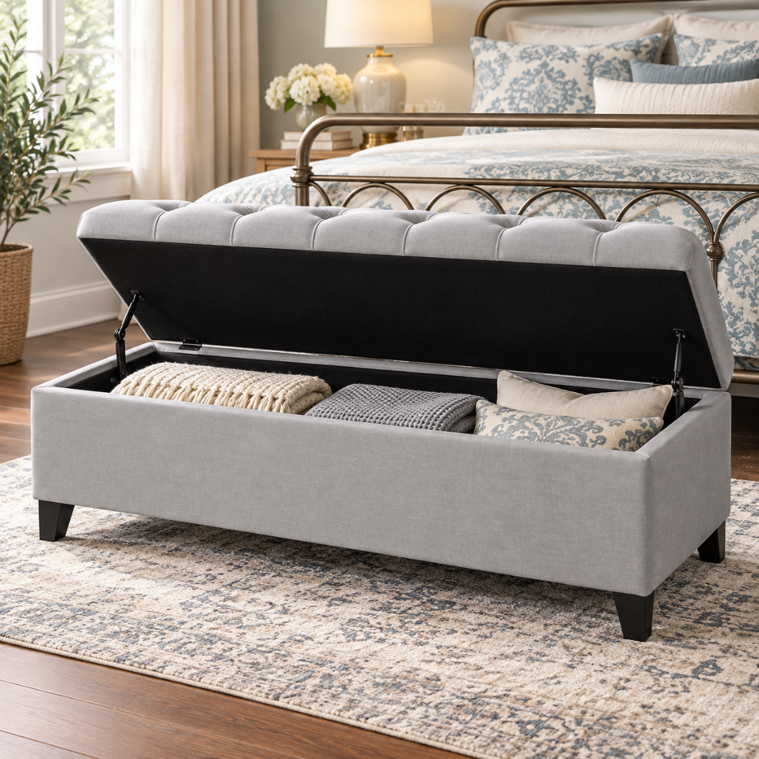 Wooden Twist Zelja light gray velvet storage bench – flip top open showing storage in bedroom