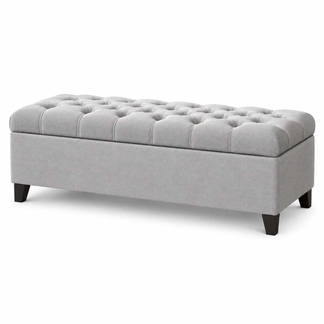 Wooden Twist Zelja light gray velvet flip top storage bench – white background