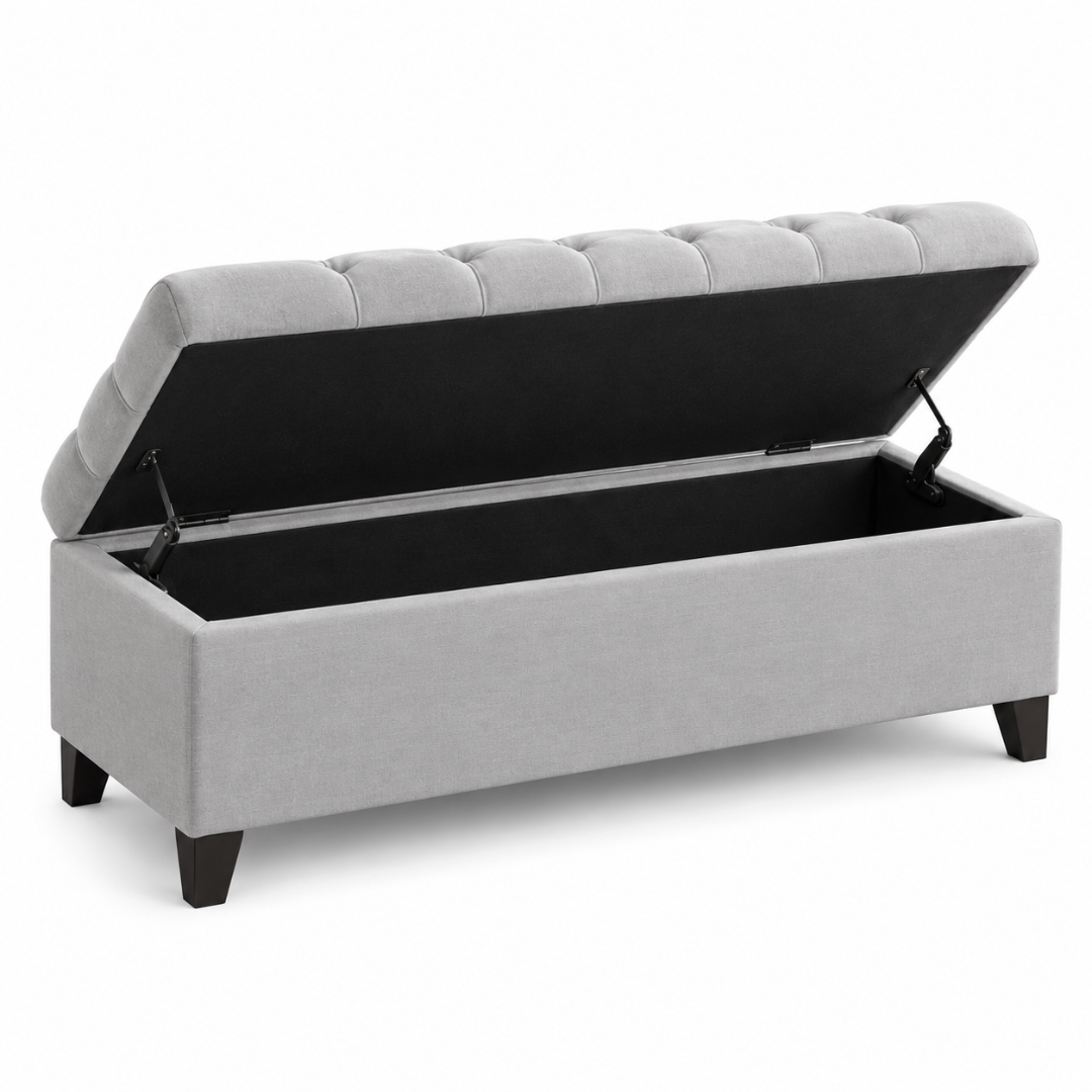 Wooden Twist Zelja light gray velvet storage bench – flip top open on white background