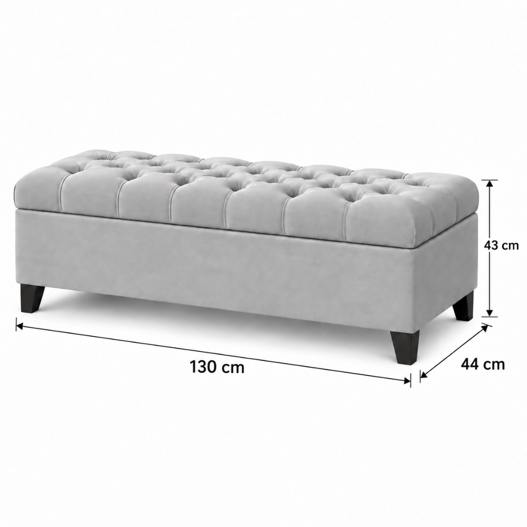 Wooden Twist Zelja light gray velvet storage bench – dimensions 130 x 44 x 43 cm