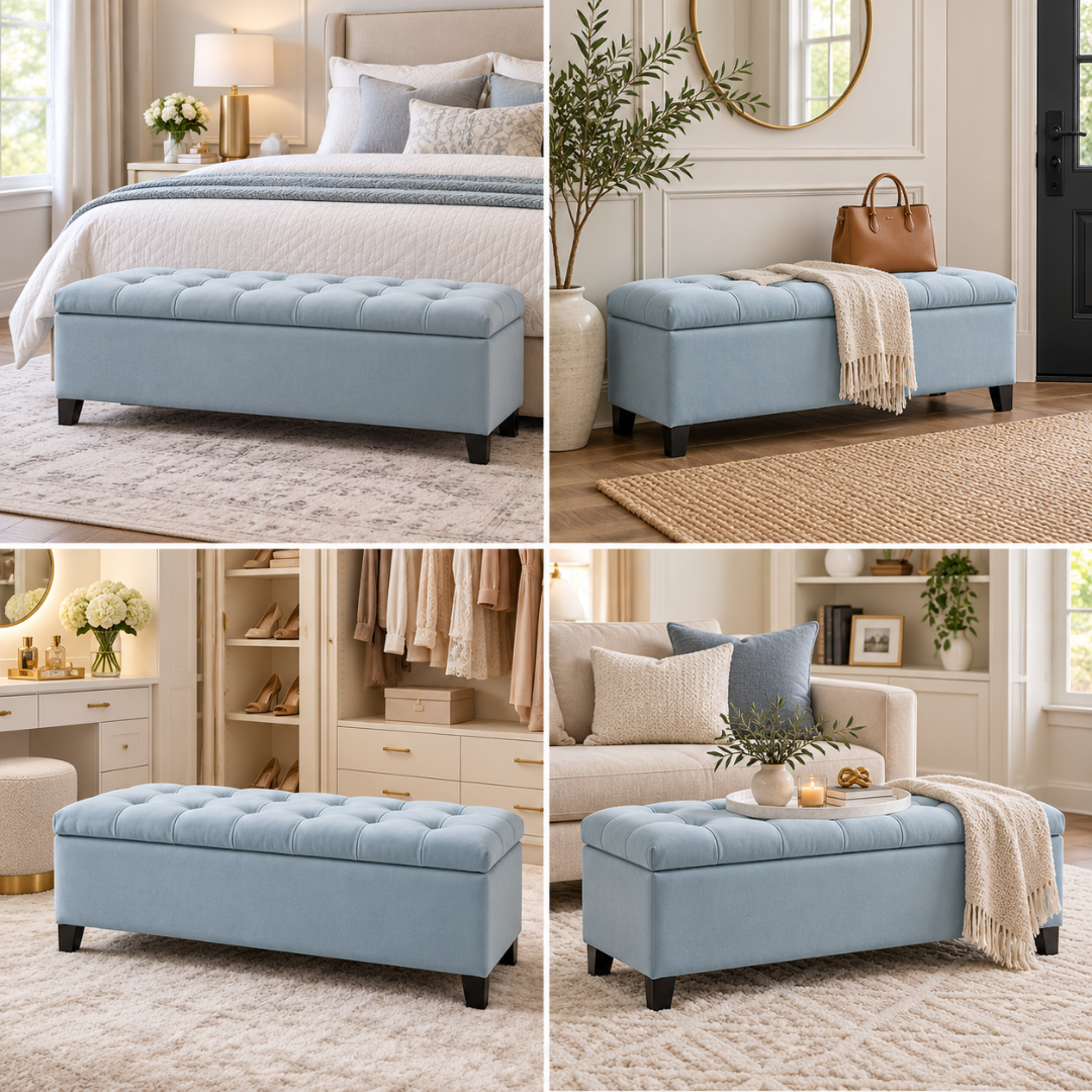 Wooden Twist Zelja light sky blue velvet storage bench – styled in bedroom, entryway and living room