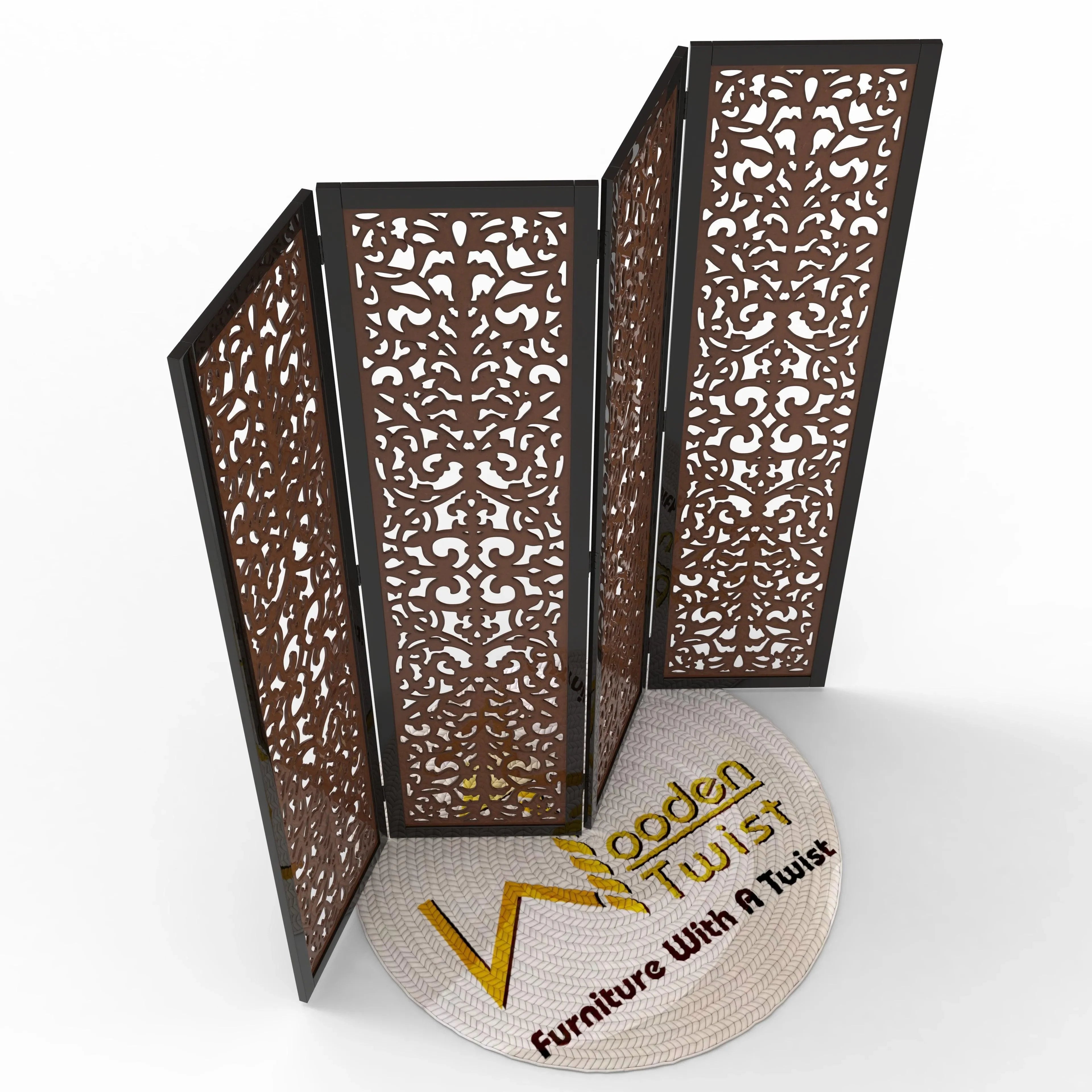 Handcrafted 4 Panel Wooden Room Partition & Room Divider (Dark Brown) - Wooden Twist UAE