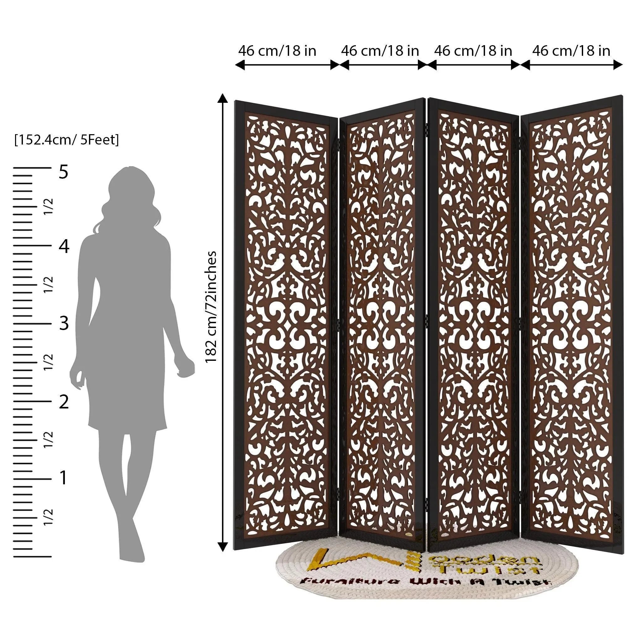 Handcrafted 4 Panel Wooden Room Partition & Room Divider (Dark Brown) - Wooden Twist UAE