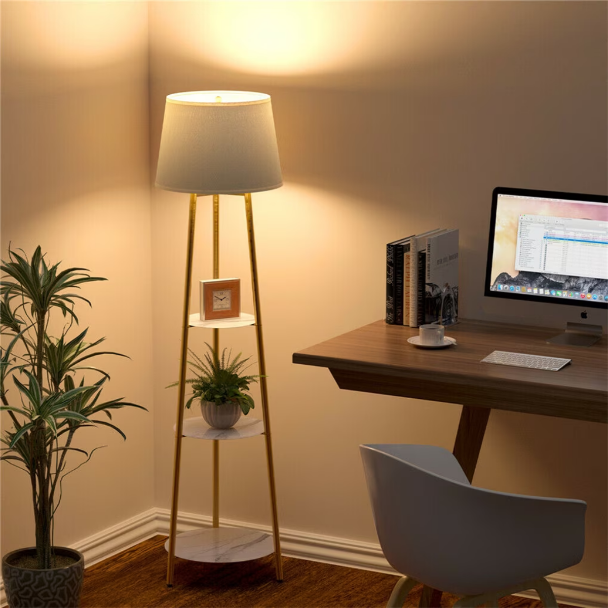 Luminara 3-Tier Shelf Floor Lamp - close-up of linen shade and gold frame