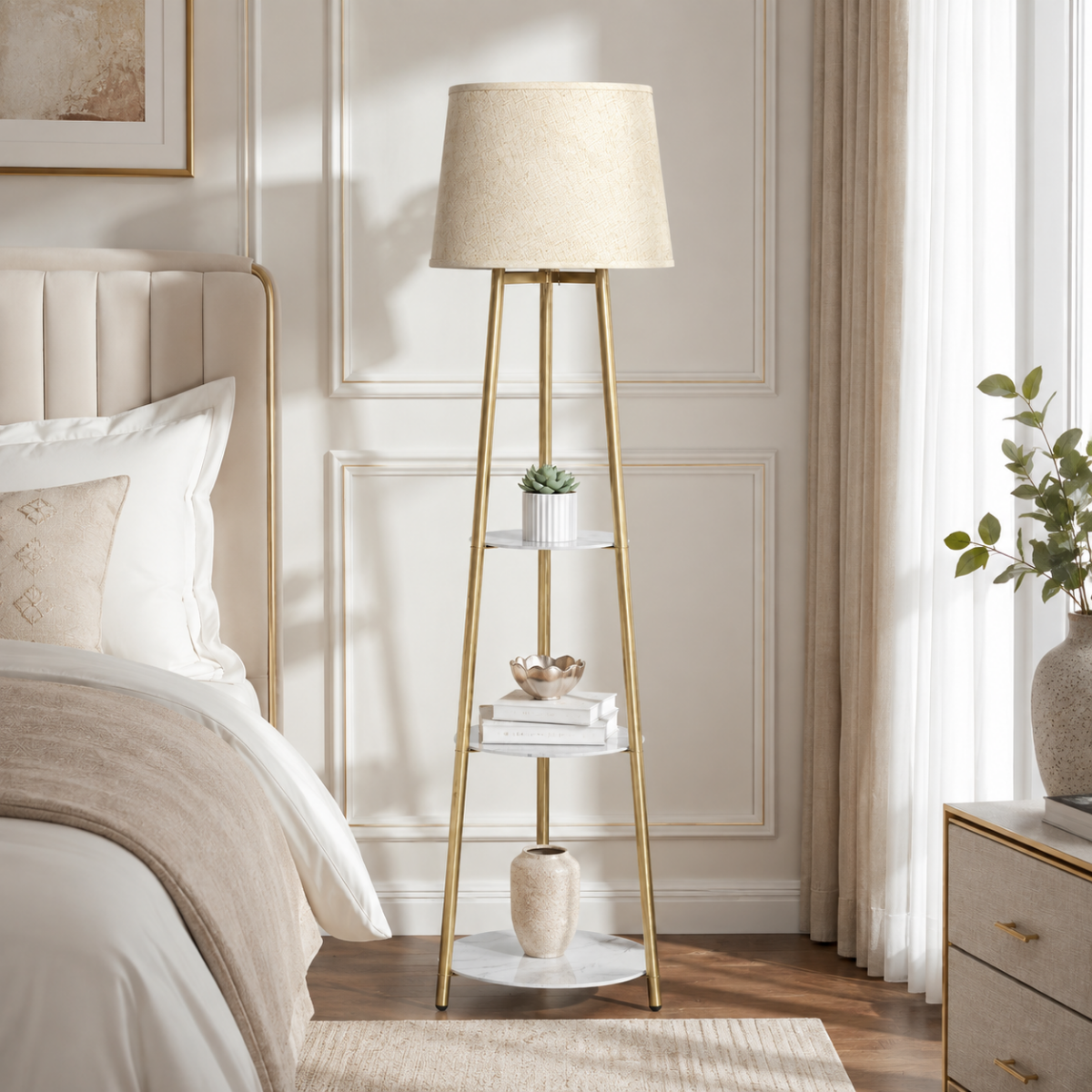 Luminara 3-Tier Shelf Floor Lamp - lit lifestyle view at night