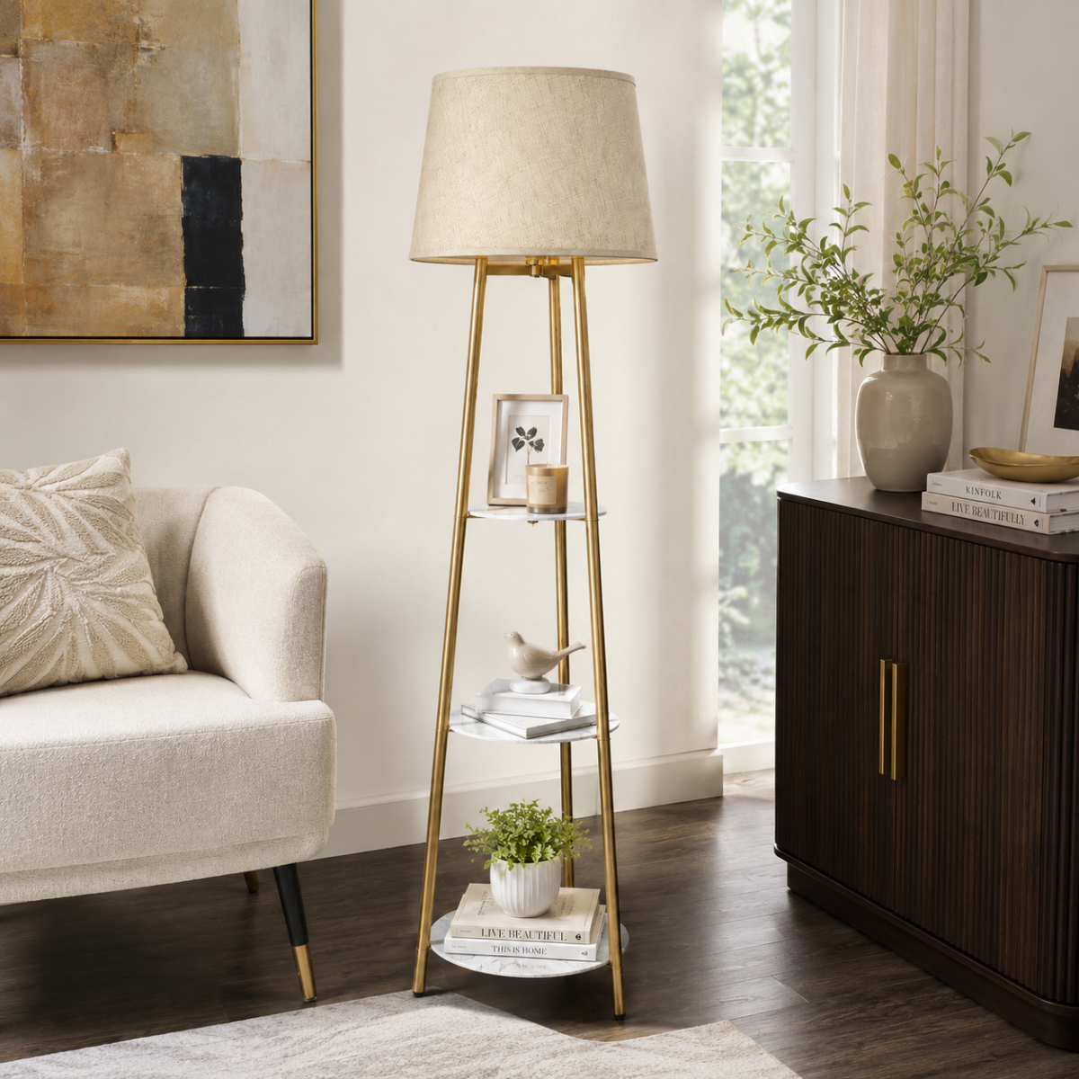 Luminara 3-Tier Shelf Floor Lamp - lifestyle view in living room beside sofa