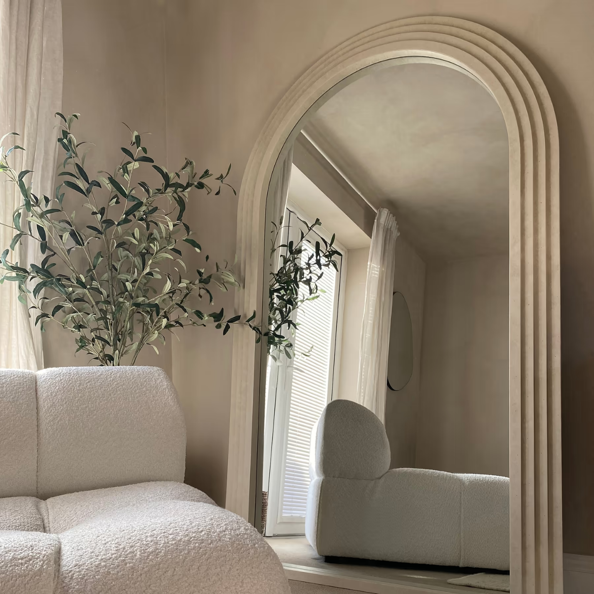 Lunara Solid Wood Arch Floor Mirror - lifestyle view in bedroom setting