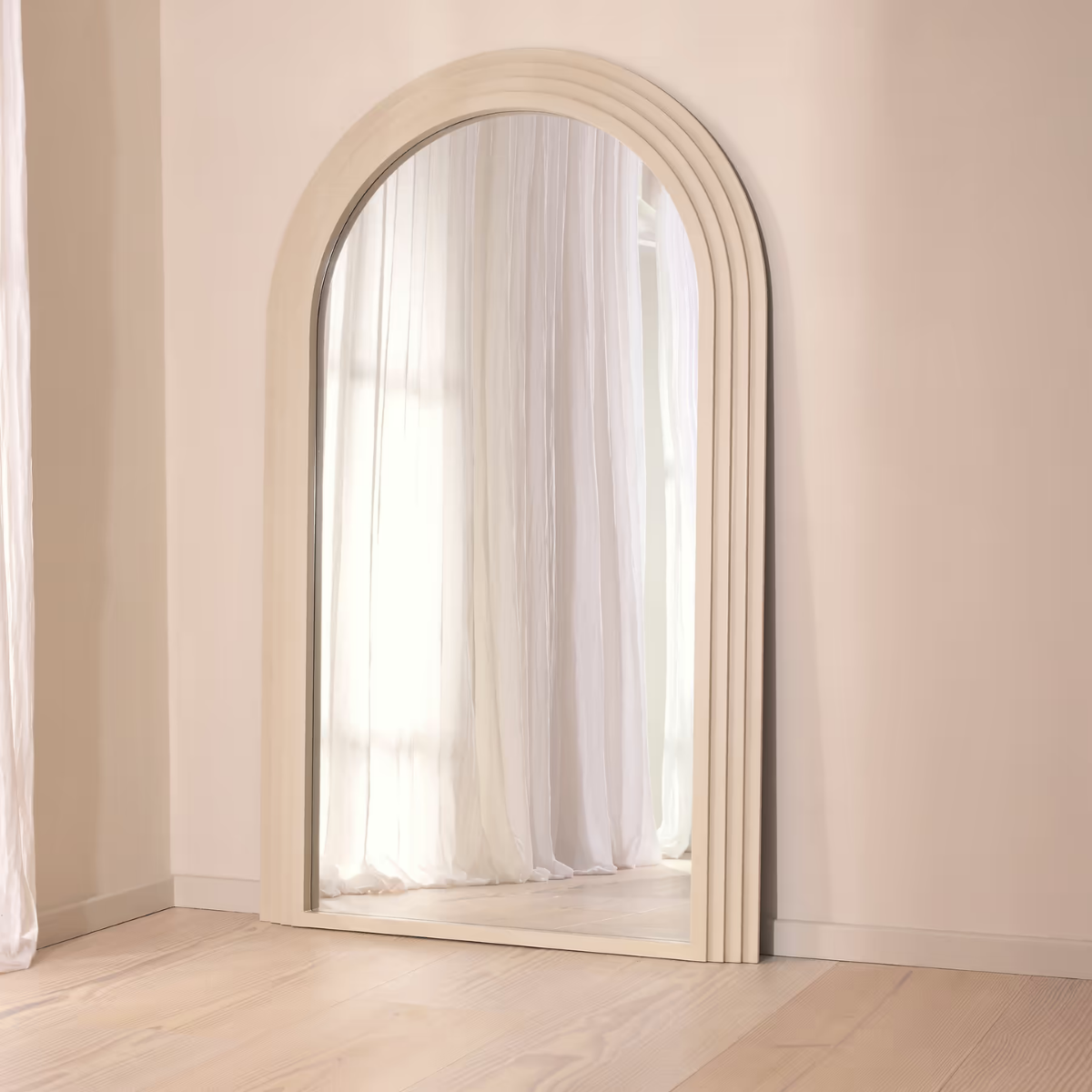 Lunara Solid Wood Arch Floor Mirror - lifestyle view beside console table