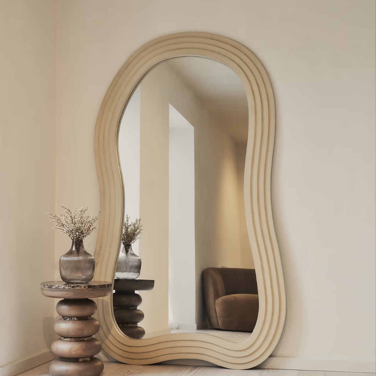 Lunara Solid Wood Wave Floor Mirror - lifestyle view beside console table