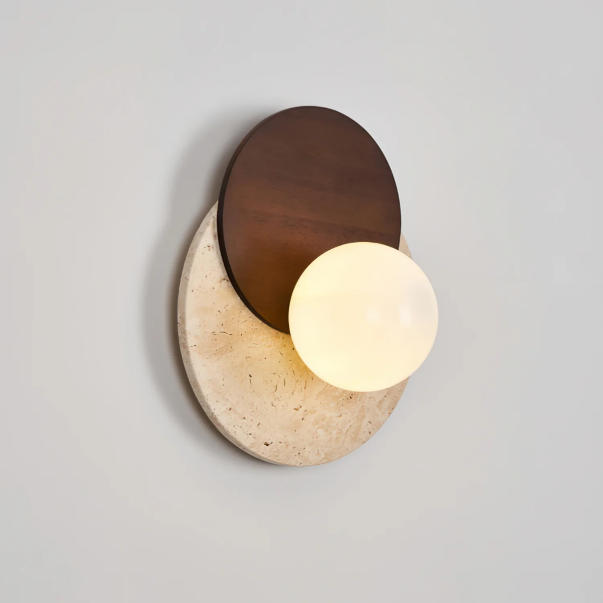 Lunara Travertine Stone & Wood Lunar Eclipse Wall Light angled product view on light background