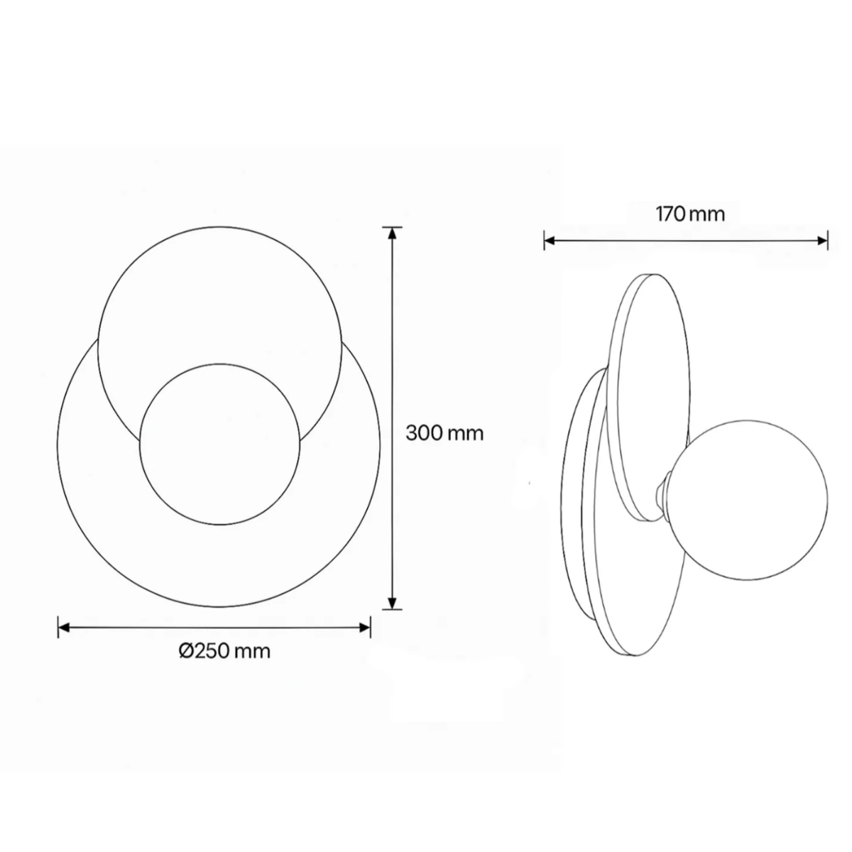 Lunara Travertine Stone & Wood Lunar Eclipse Wall Light dimensions - Ø250mm diameter, 300mm height, 170mm projection