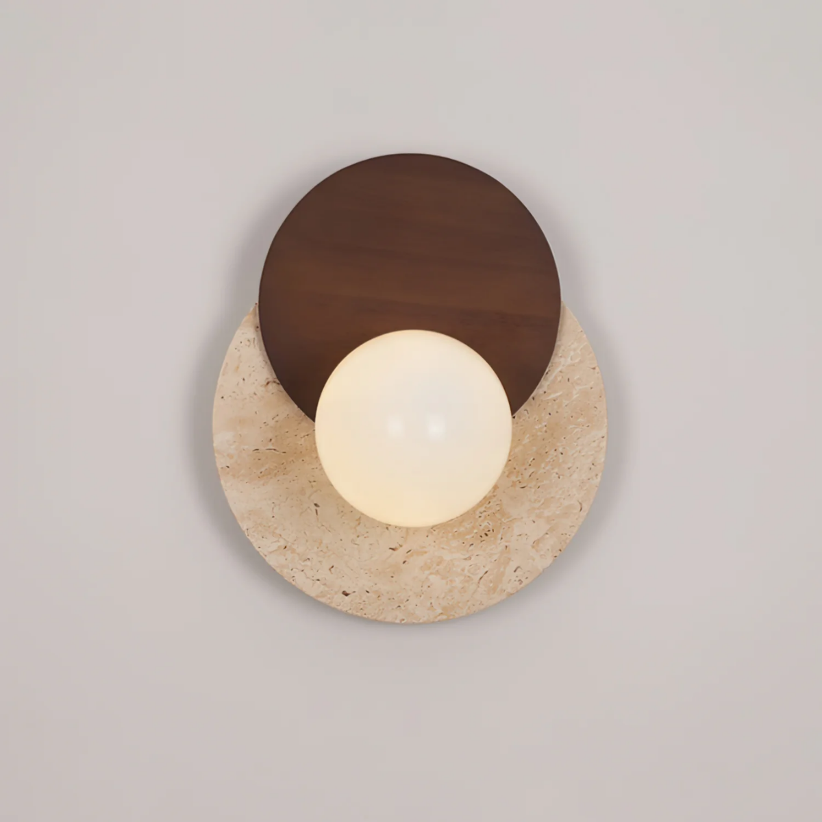 Lunara Travertine Stone & Wood Lunar Eclipse Wall Light straight-on product view on light background