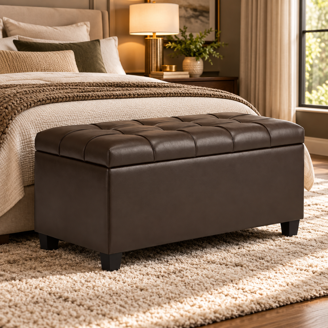 Wooden Twist Luper Tufted Storage Bench Ottoman Brown – at the foot of a bed in a bedroom