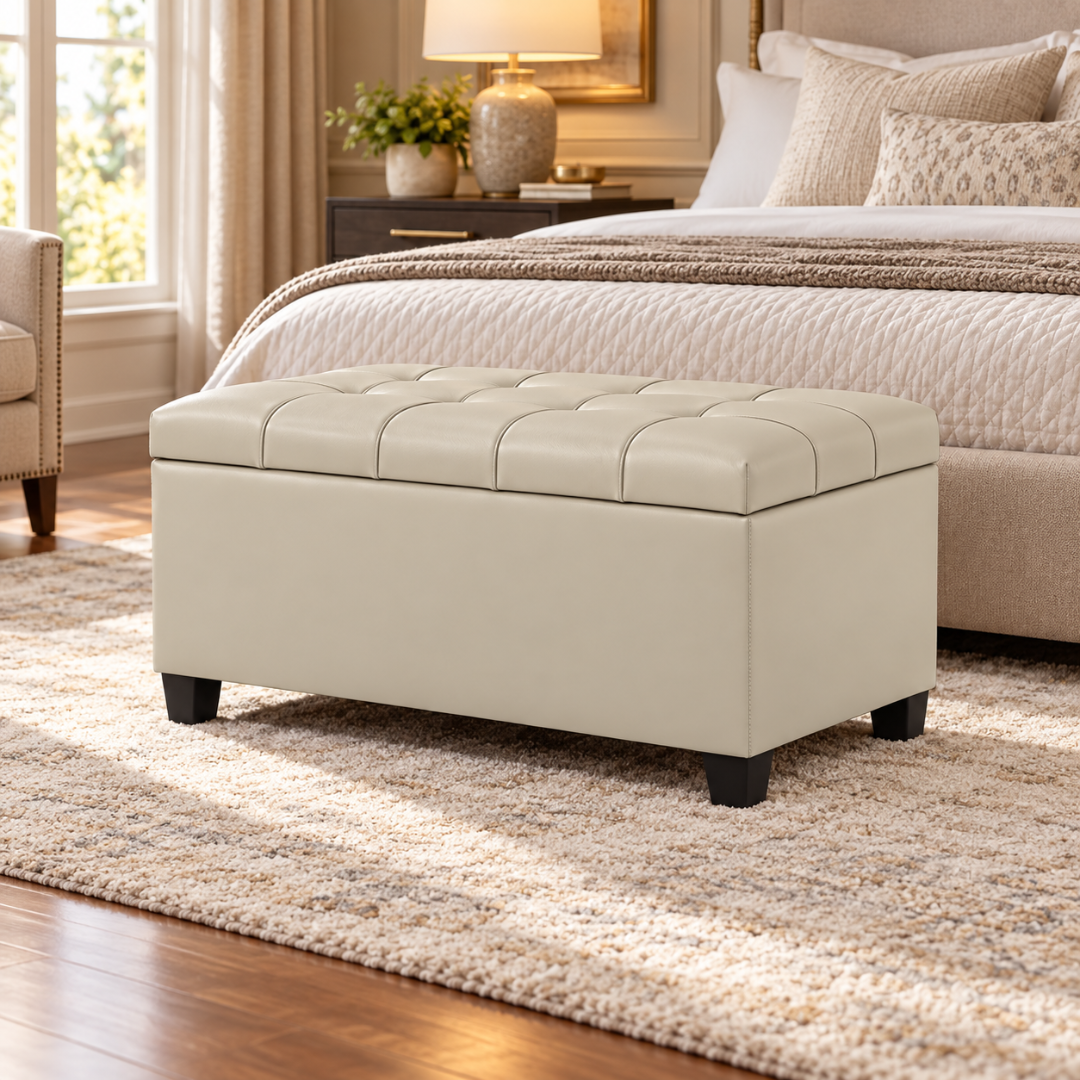 Wooden Twist Luper Tufted Storage Bench Ottoman Cream – at the end of a bed in a bedroom