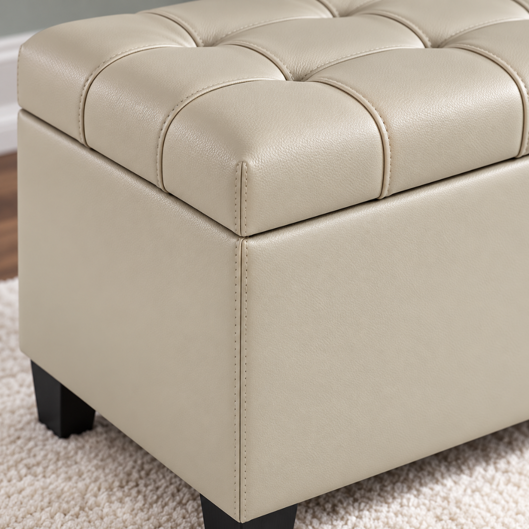 Wooden Twist Luper Tufted Storage Bench Ottoman Cream – close-up of tufted PU leather lid and leg