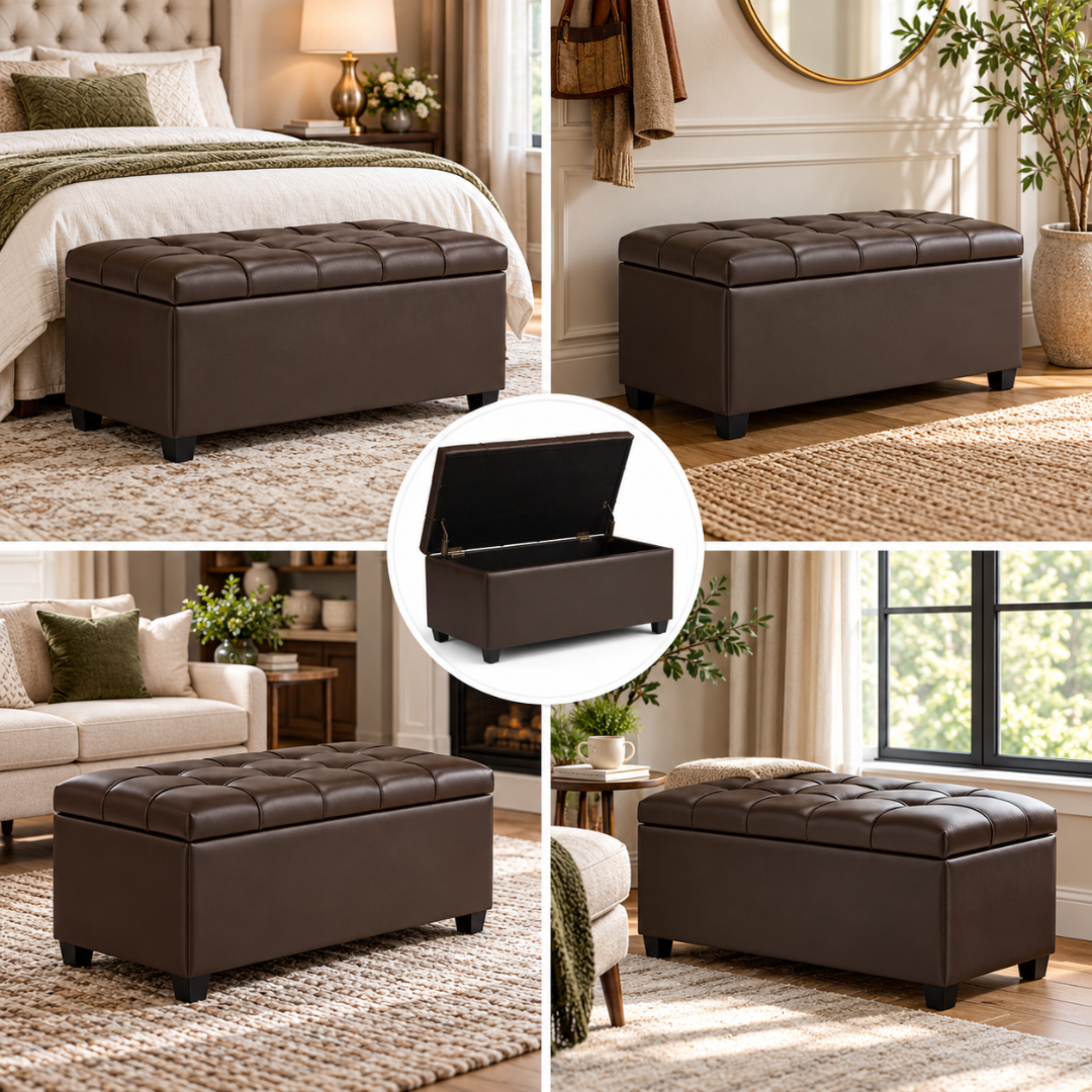 Wooden Twist Luper Tufted Storage Bench Ottoman Brown – styled in bedroom, hallway and living room with open storage inset