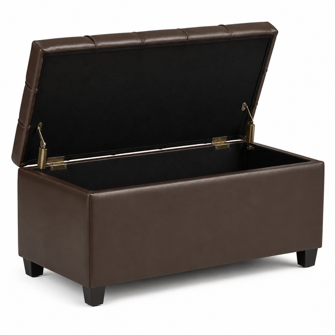 Wooden Twist Luper Tufted Storage Bench Ottoman Brown – lid open showing hidden storage and hinges