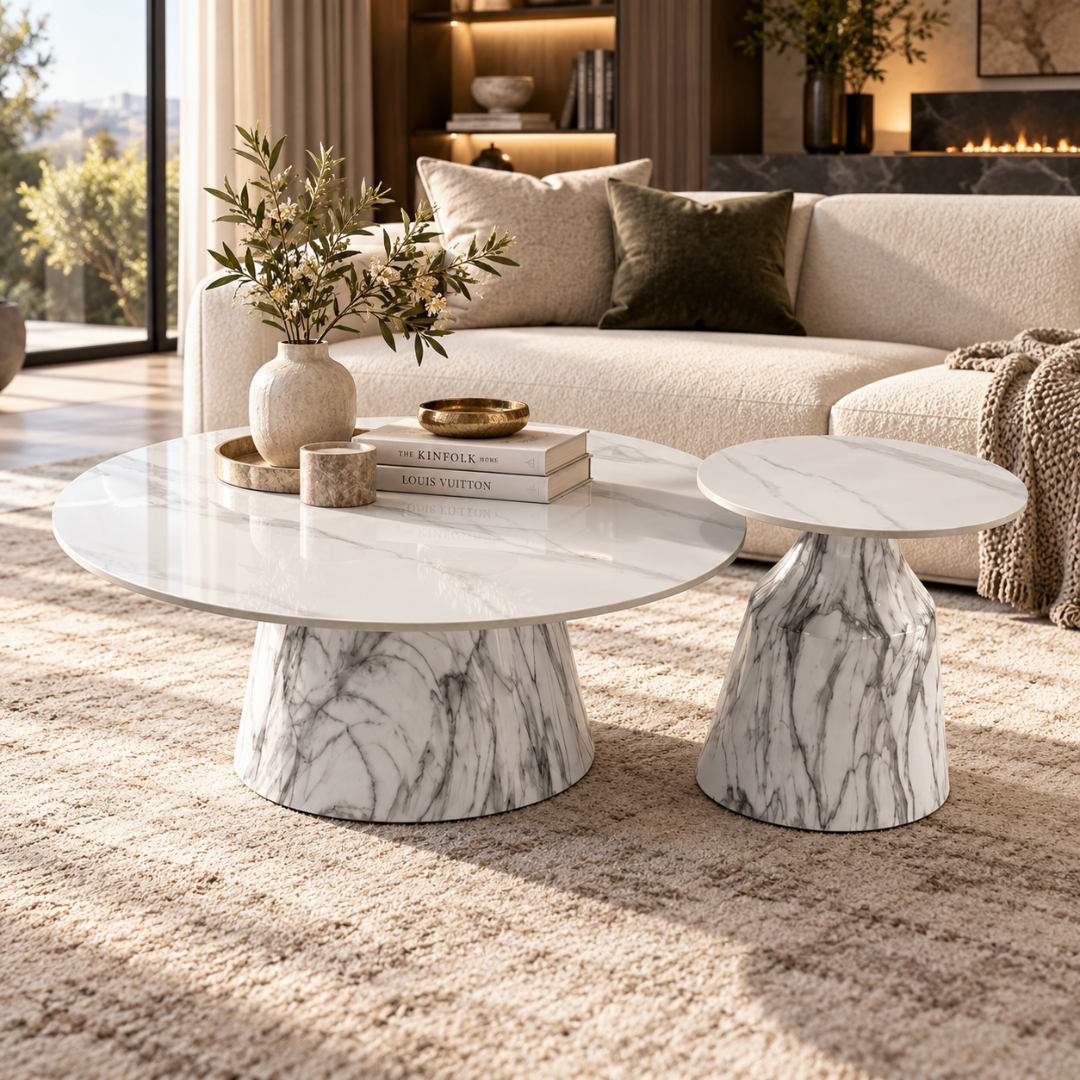 Wooden Twist Marmora Stone Top Coffee Table Set of 2 – living room
