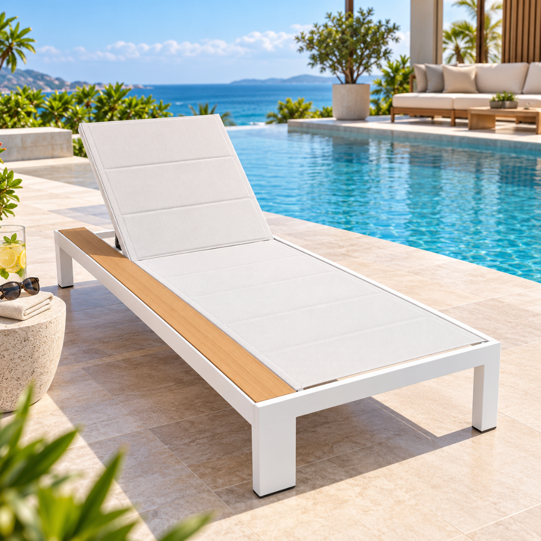 Wooden Twist Riviera white aluminium sun lounger with padded light grey sling seat beside an infinity pool