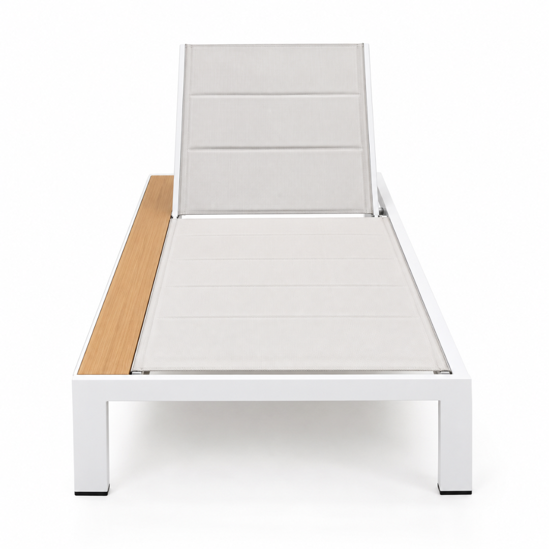 Front view of the Riviera sun lounger showing the padded sling seat and white aluminium frame