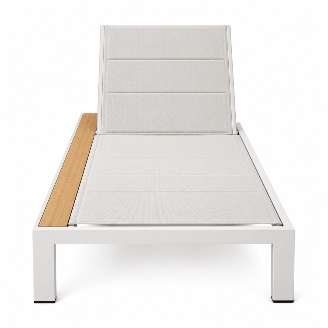 Riviera sun lounger front view with raised backrest and wood-look side shelf on a white background