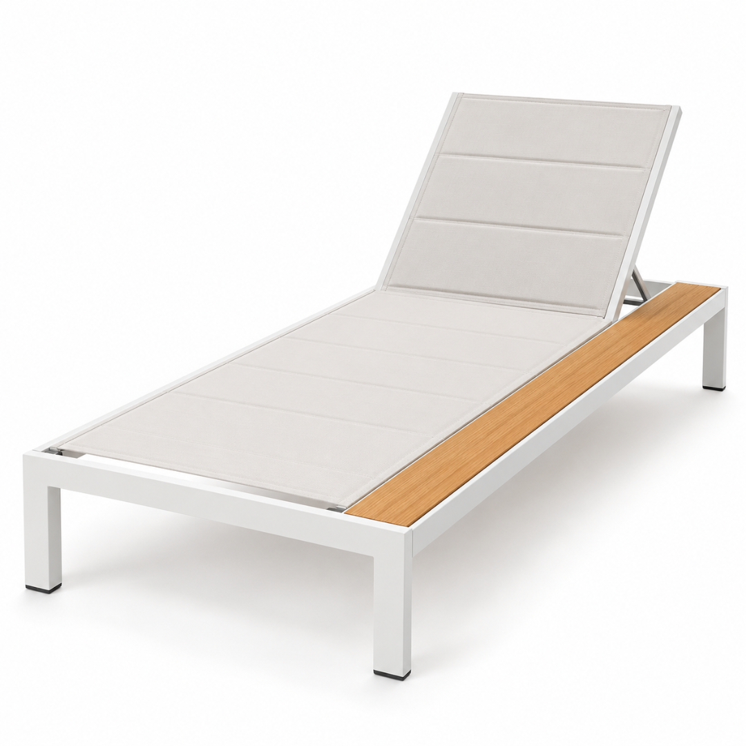 Angled studio view of the Riviera white aluminium sun lounger with adjustable backrest