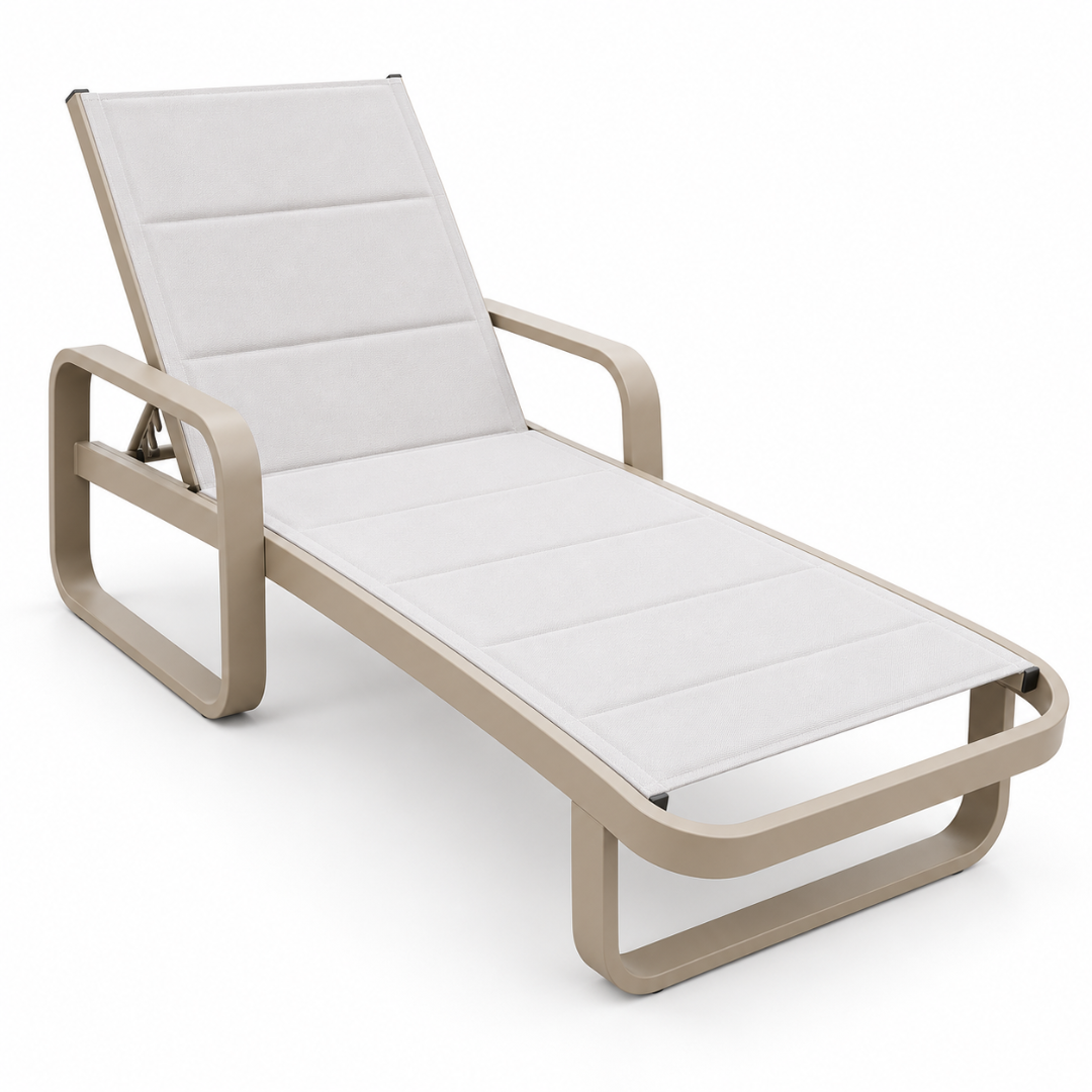 Positano aluminium sun lounger with taupe frame and light grey padded sling on a white background