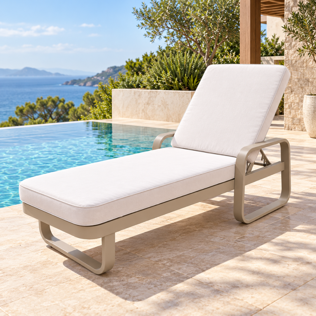 Wooden Twist Portofino aluminium sun lounger with loop arms and thick off-white cushions beside an infinity pool