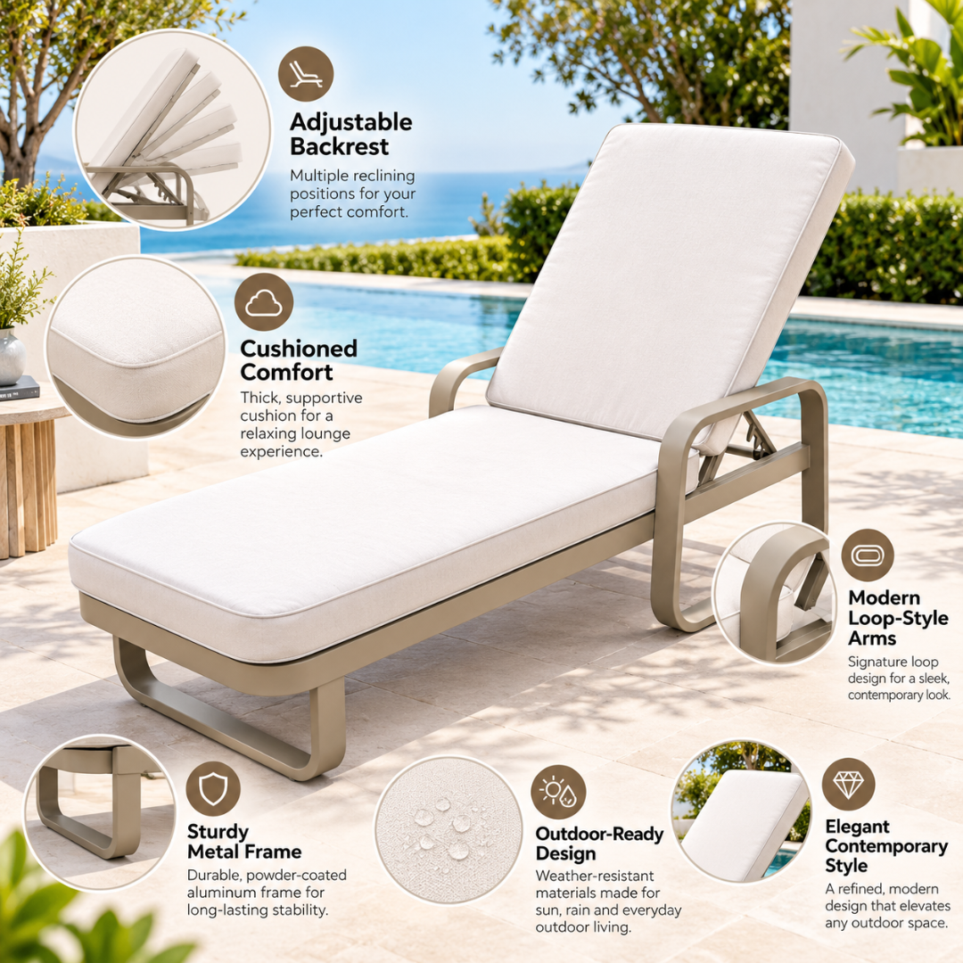 Portofino sun lounger features: adjustable backrest, cushioned comfort, loop-style arms, powder-coated aluminium frame, outdoor-ready design