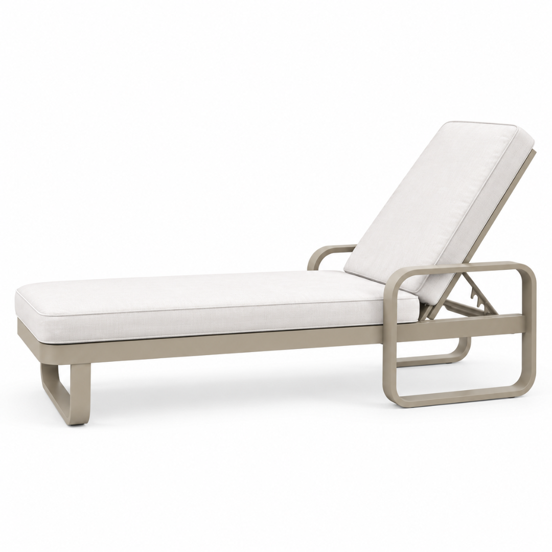 Side view of the Portofino sun lounger showing the reclined backrest and loop arm frame