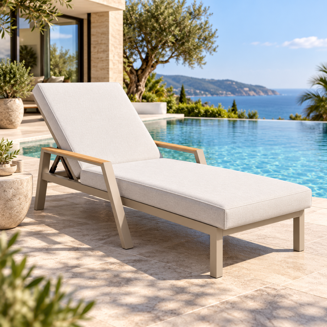 Wooden Twist Amalfi beige cushioned sun lounger with wood-tone armrests beside a sea-view infinity pool