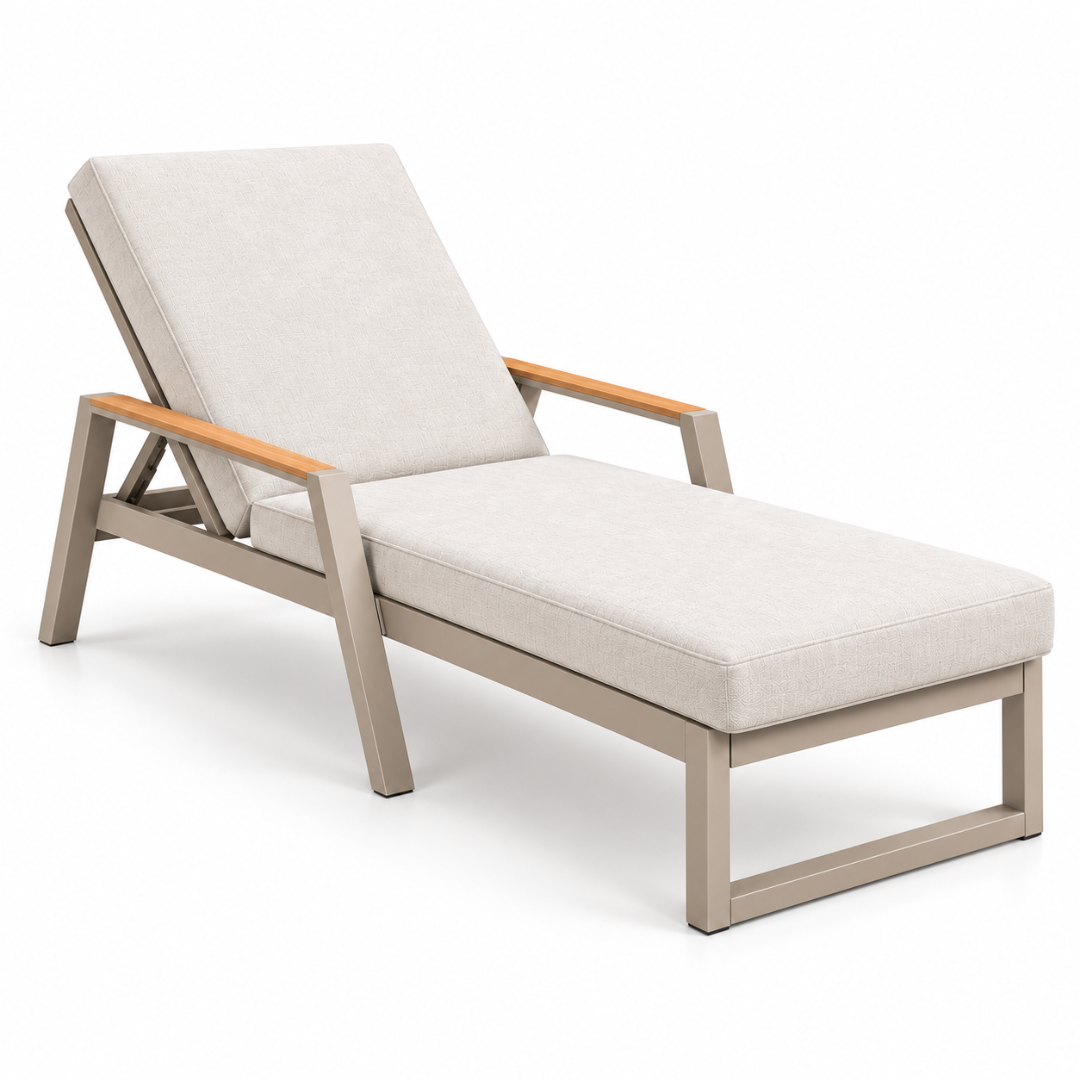 Amalfi beige cushioned sun lounger with wood-tone armrests on a white background