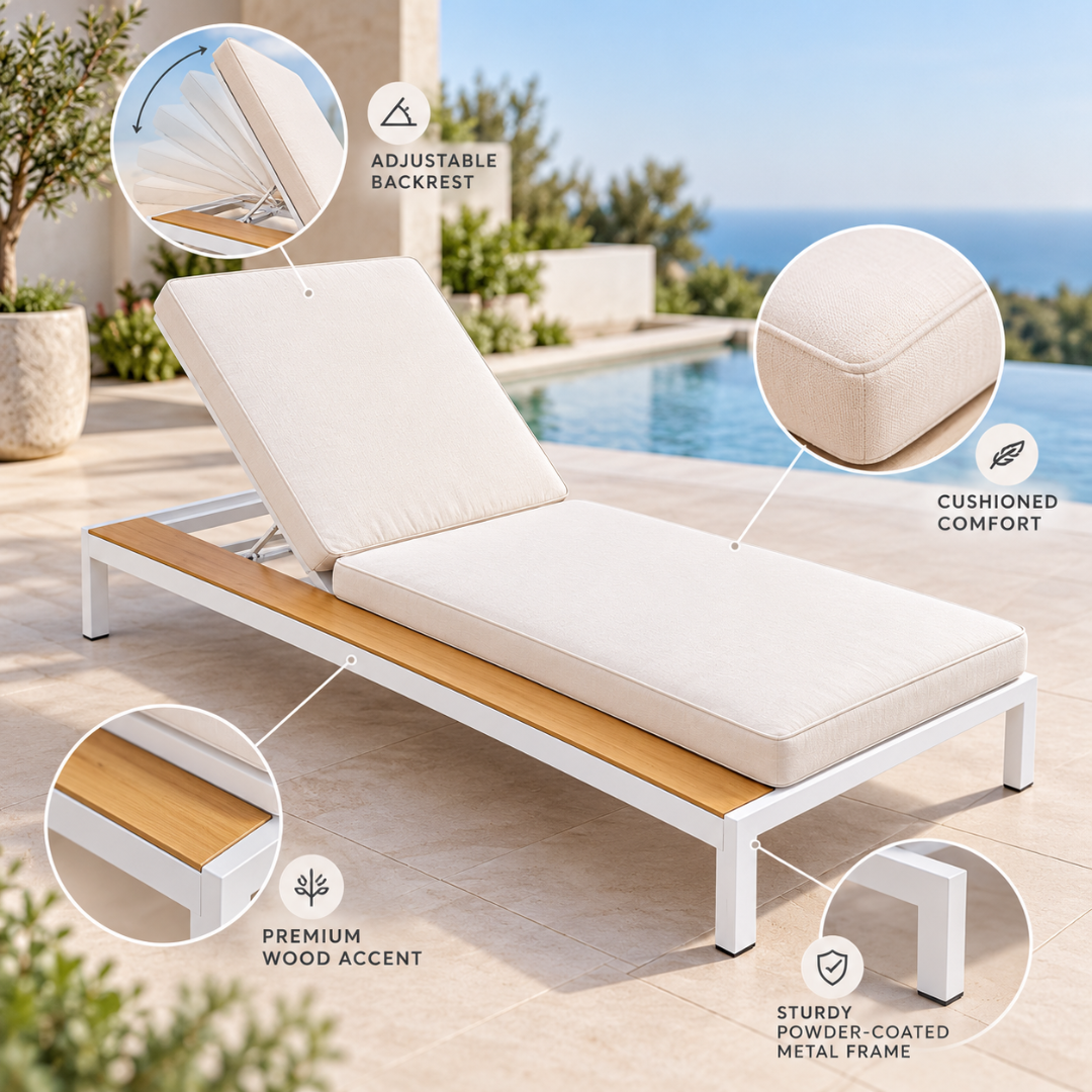 Capri sun lounger features: adjustable backrest, cushioned comfort, premium wood accent, sturdy powder-coated metal frame