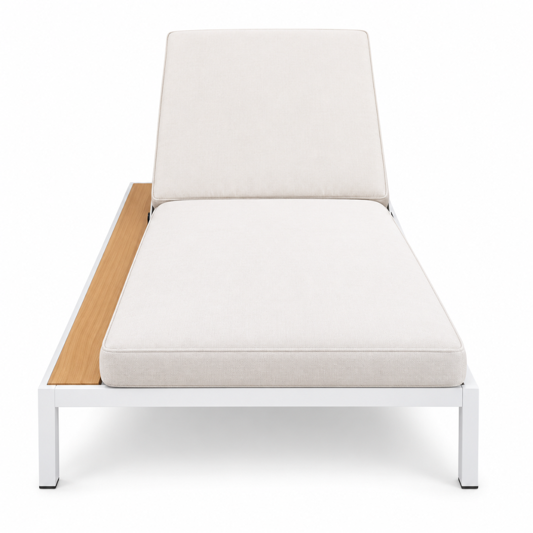 Front view of the Capri sun lounger with cream seat and back cushions and teak-tone side shelf