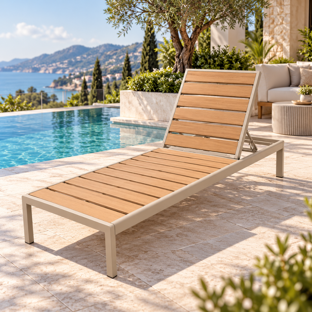 Wooden Twist Solano aluminium sun lounger with wood-look slats beside an infinity pool overlooking the sea