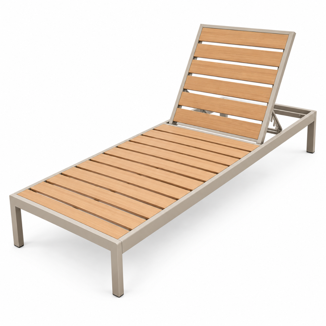Solano aluminium sun lounger with taupe frame and wood-look slats on a white background