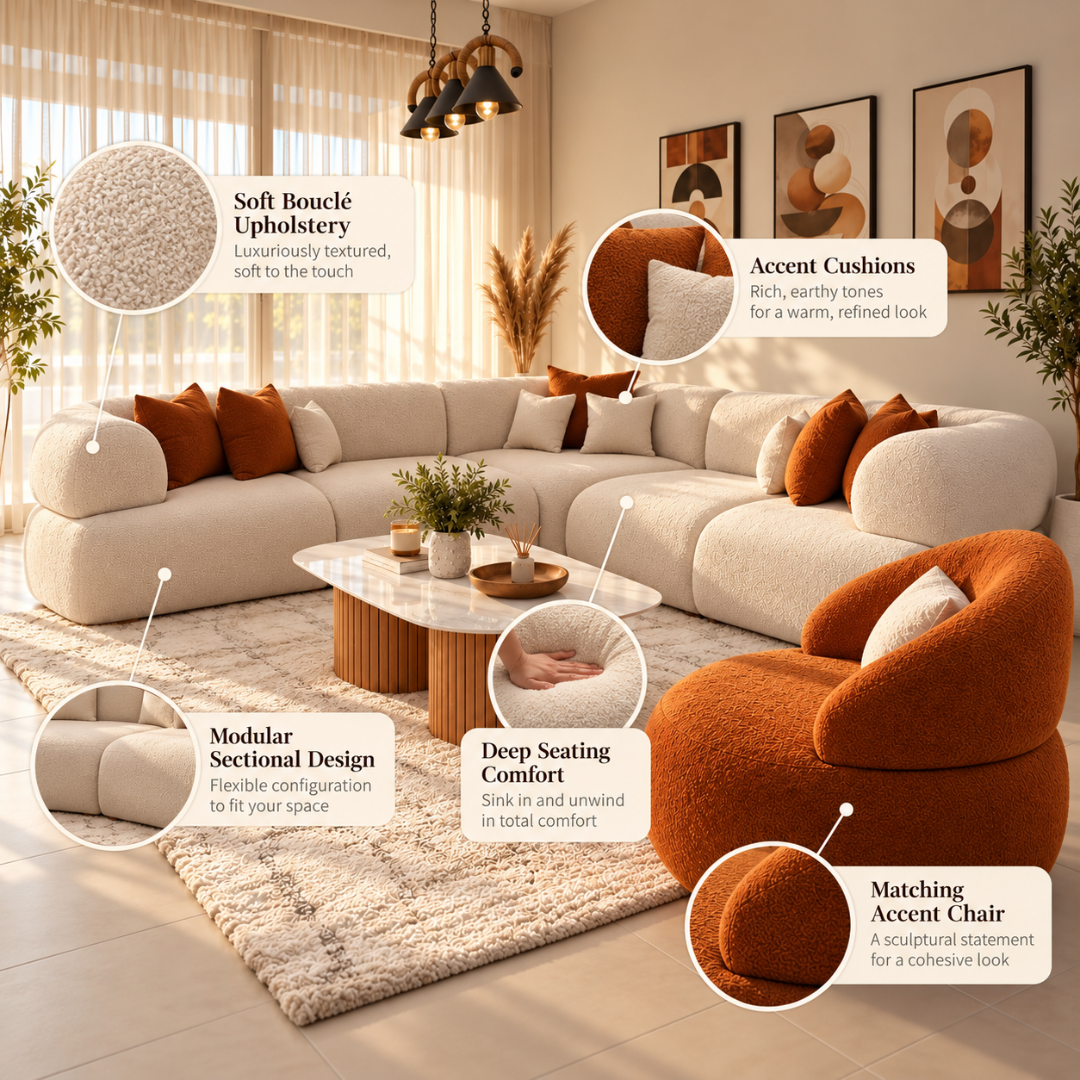 Wooden Twist Nuvola Modular Boucle L-Shaped Sofa – boucle, cushions, modular design and accent chair features