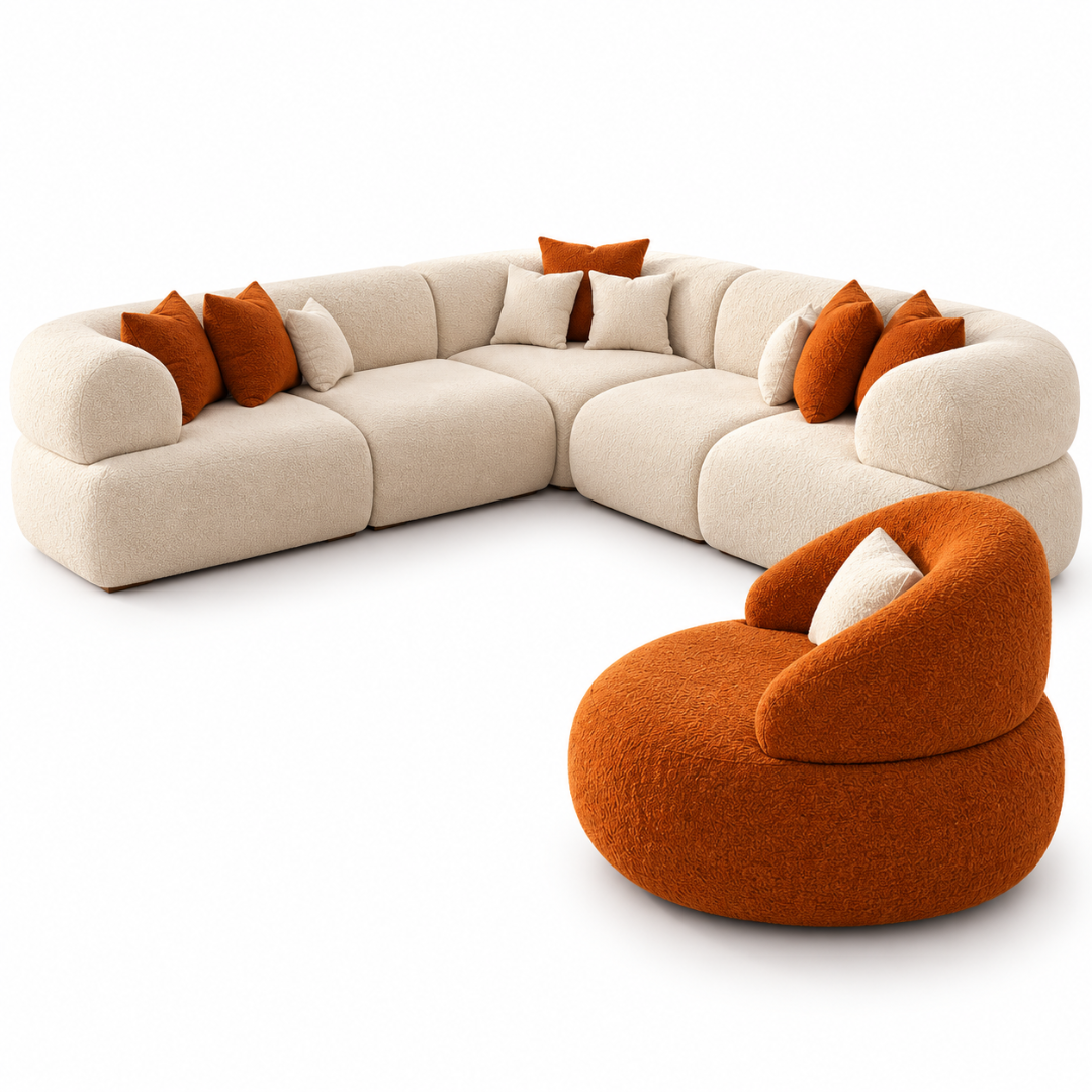 Wooden Twist Nuvola Modular Boucle L-Shaped Sofa with Rust Accent Chair – front studio view