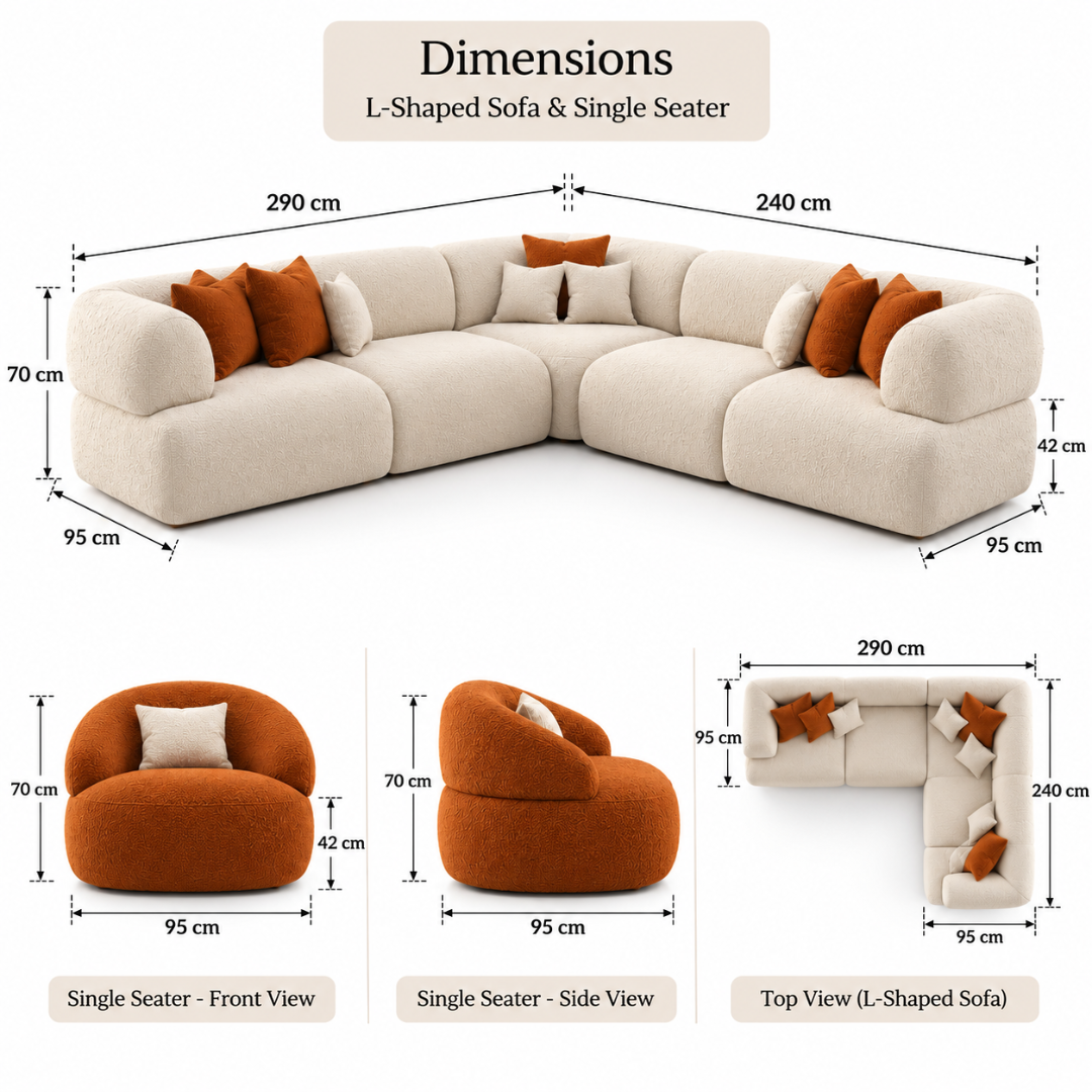Wooden Twist Nuvola L-Shaped Sofa 290 x 240 cm and Accent Chair 95 x 95 cm – dimensions