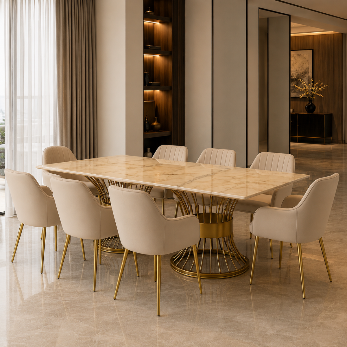 Wooden Twist Luxury Marble Top Dining Table with Gold Metal Base, 200x90cm, Seats 6-8